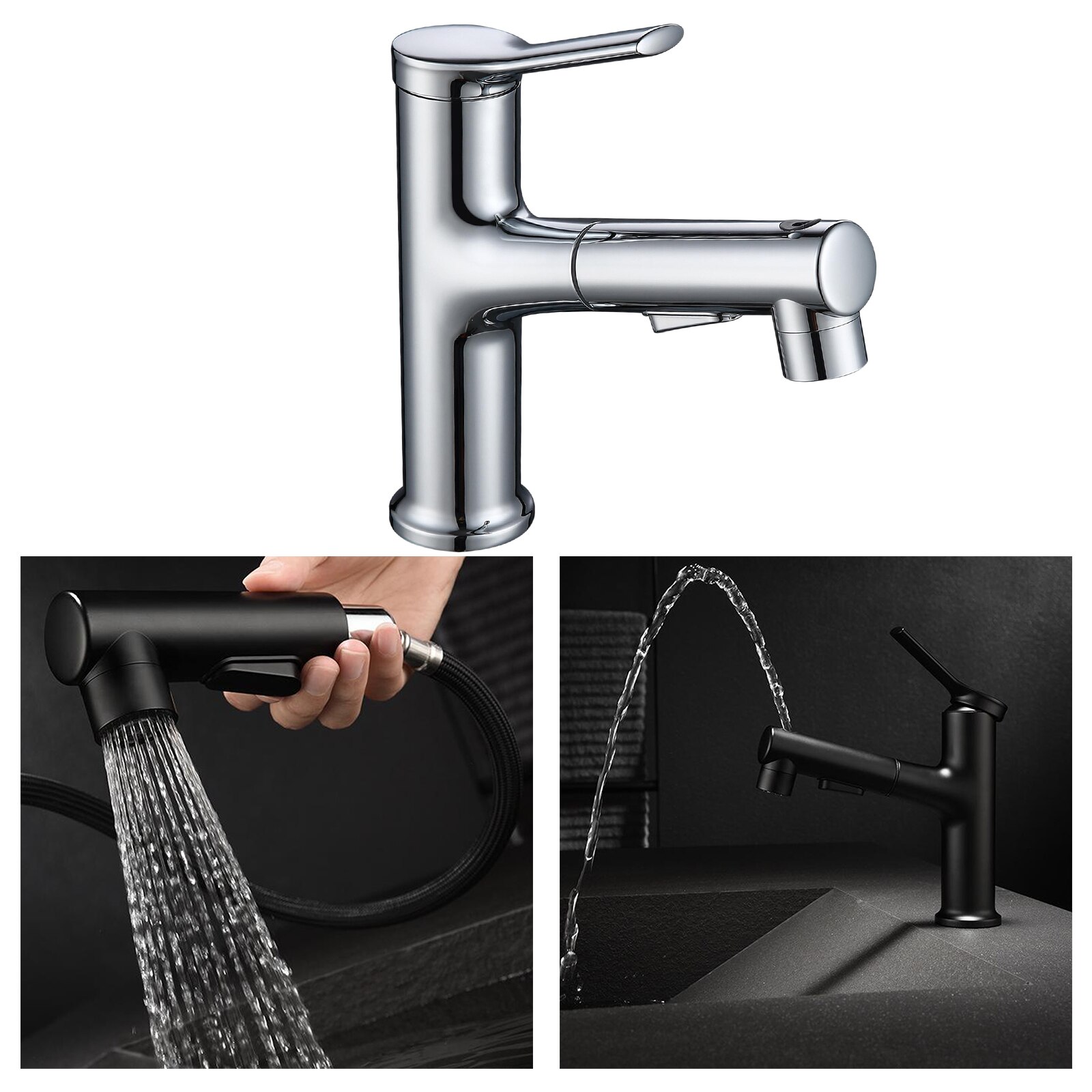 Bathroom Pull Out Faucet Sink with Sprayer, Single Handle One Hole Basin Mixer: Silver