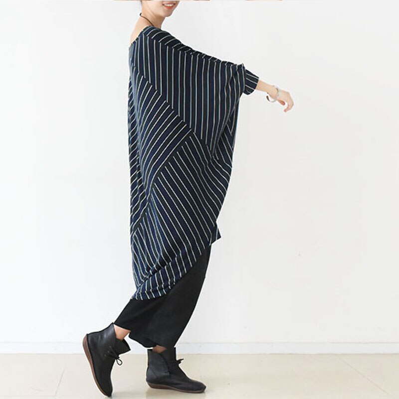 Johnature Women Bat Sleeve Dress Striped Autumn Casual Plus Size Women Clothes O-Neck Loose Robes Knitted Dresses