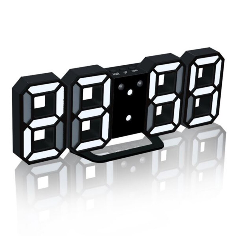 3D Led Digitale Wekkers Muur Opknoping Horloge Snooze Functie Tafel Klok Kalender Thermometer Display Kantoor Elektronische Horloge: black white