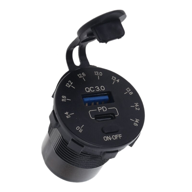 Cargador de coche 12V QC3.0 USB tipo C PD carga rápida con voltímetro LED interruptor de encendido y apagado L4MD