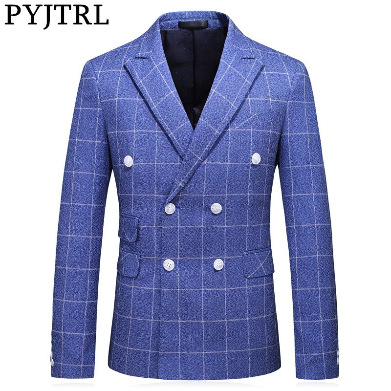 PYJTRL Brand England Style Blue Plaid Double-breasted Gentlemen Suit Jacket Wedding Groom Tuxedos Business Casual Slim Blazer