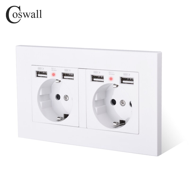 Coswall mærke 2 gang rusland spanien eu standard vægstik med 4 usb ladeport skjult blød led indikator pc panel sort hvid