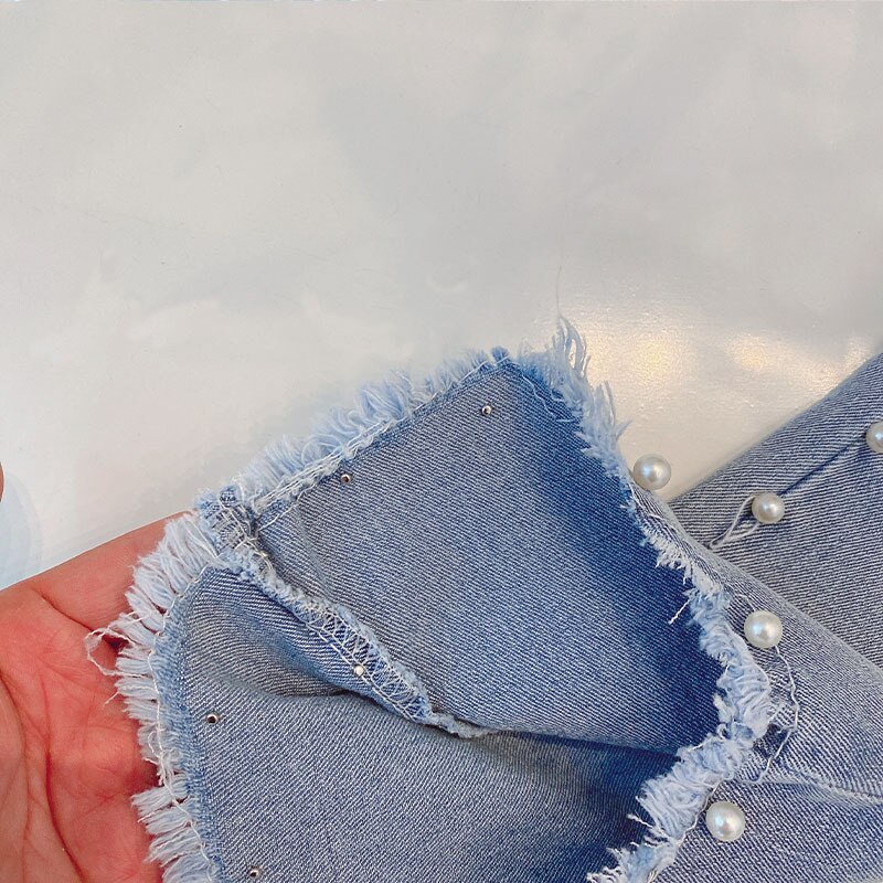 Children Kids Denim Jeans Faux Pearls Beading Full Length Trousers Girls Casual Flare Boot Cut Pants