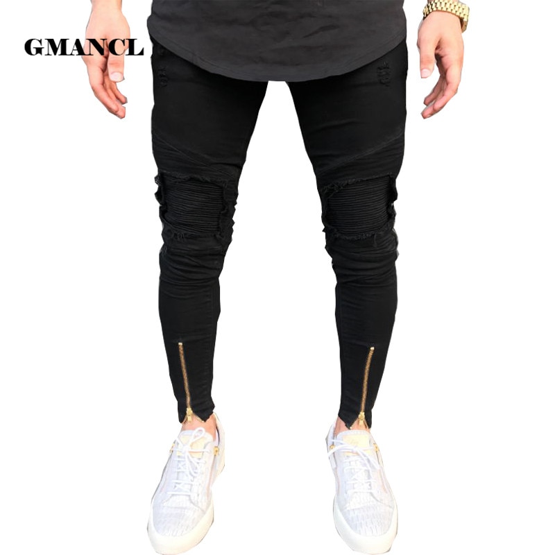 biker Jeans Mens Joggers Pants Stretch Ripped Black Denim Destroyed Bottom zipper jeans Homme Streetwear Hip Hop