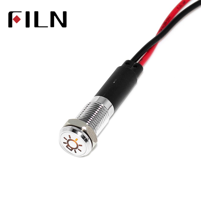 Filn 8mm varning dashb röd gul vit blå grön 12v led indikatorlampa med 20cm kabel med symbol