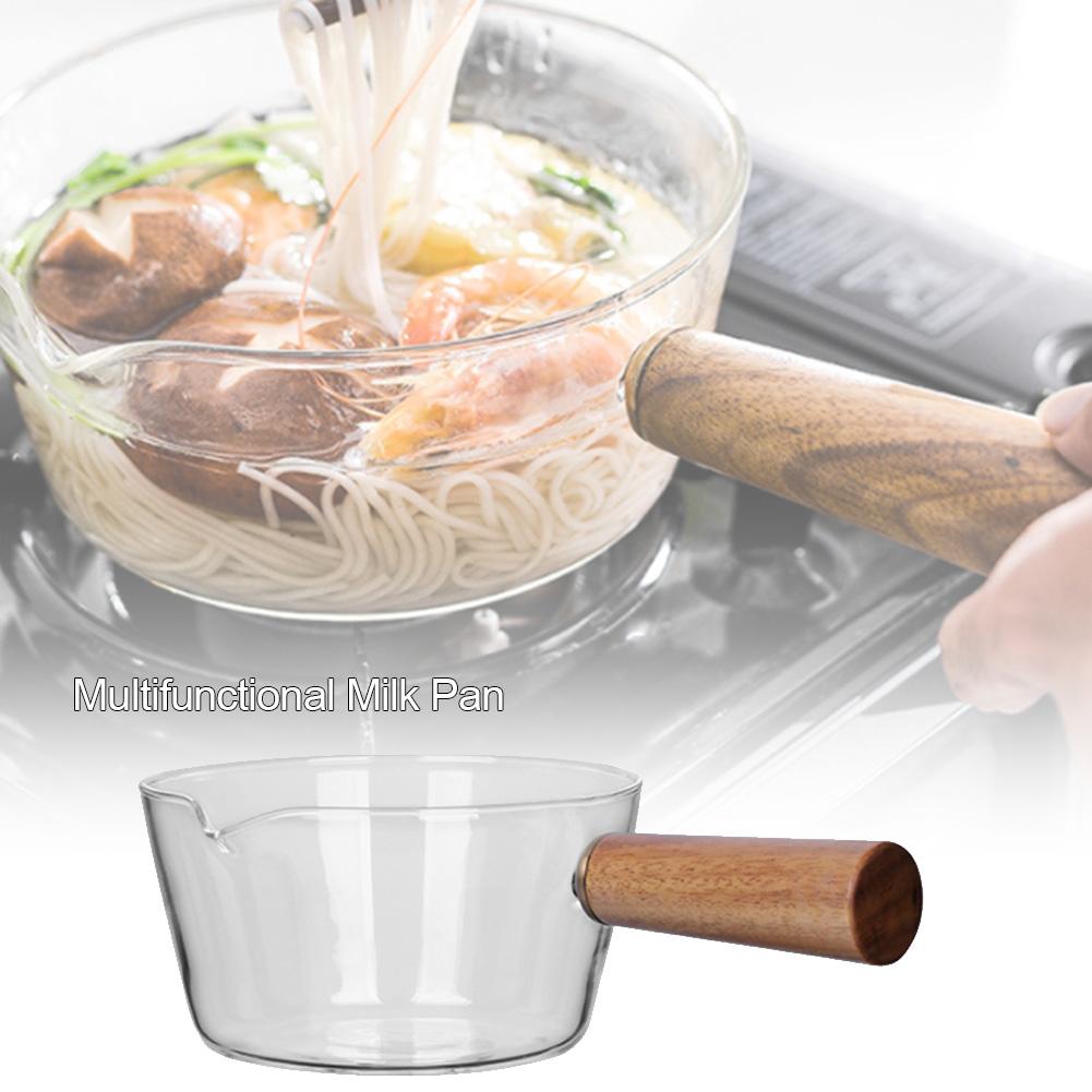 400/600ML Glas Melk Pot Met Houten Handvat, fruit Slakom Handvat Kookpot Voor Salade Noedels Gasfornuis Cookware Tool