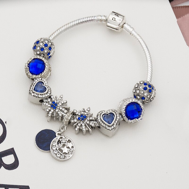 Kvinder armbånd blå klassiske kærlighed perler måne vedhæng diy armbånd damer charme armbånd