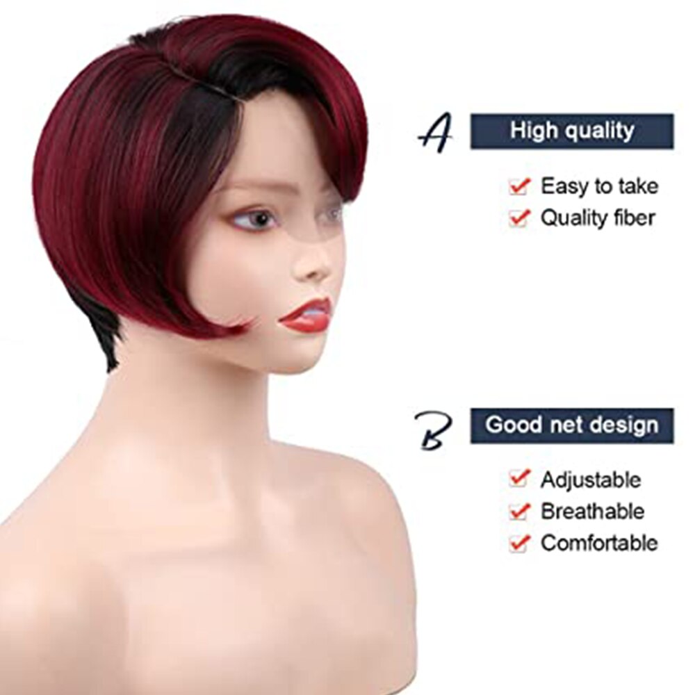 Transparent Lace Wig Red Short Bob Straight Natural Hair Synthetic Wigs Side Part PrePlucked Bleached Knots Drag Queen For Women