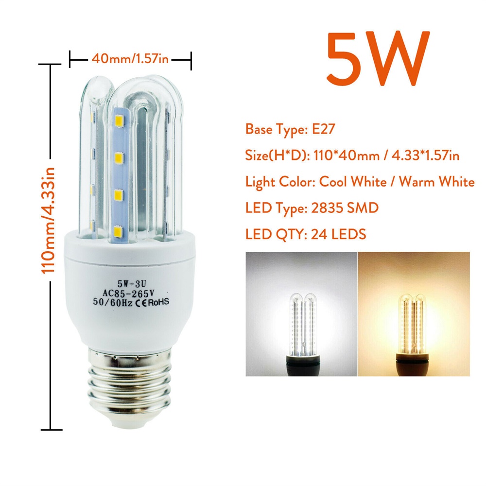 3W 5W 7W 9W 12W ahorro de energía E27 bombillas LED de maíz tubo en U luces de inundación de neón fluorescentes 220V 110V lámparas para el hogar 360 ° Iluminación: Blanco / changeable