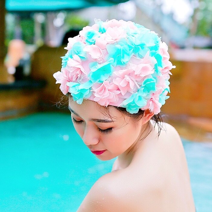 Gorros de baño con de flores para mujer, gorro de baño con de pétalos, ideal para deportes acuáticos al aire libre, para piscina: blue