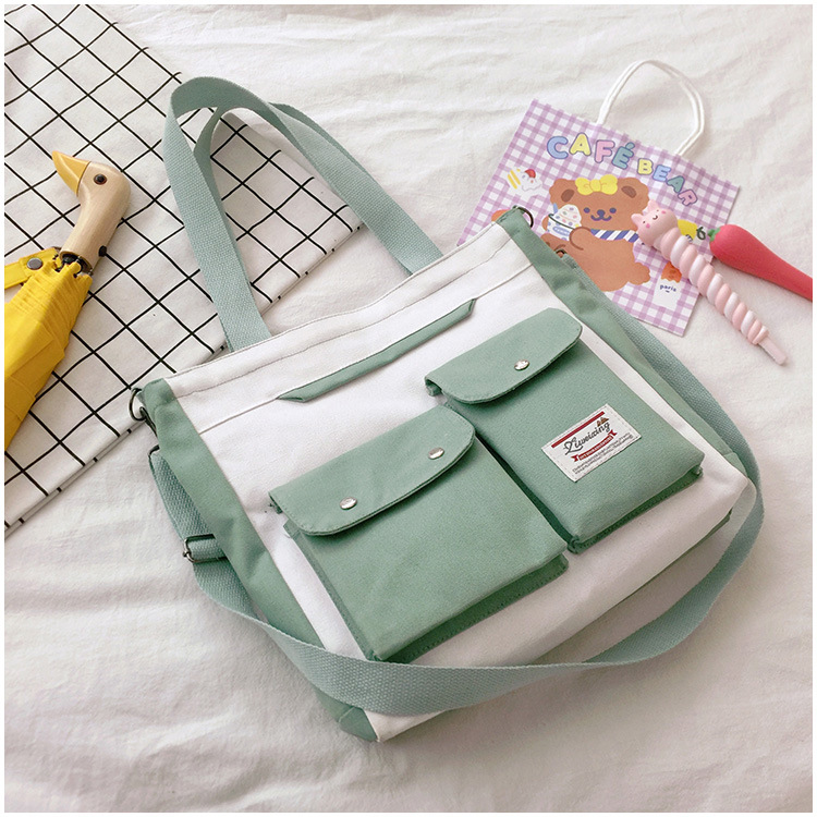 Women&#39;s Double Pocket Canvas Bag Trend Single Shoulder Bag with Lid Zipper Messenger Bag Tote Bag Student Tuition Bag: Green-no pendant