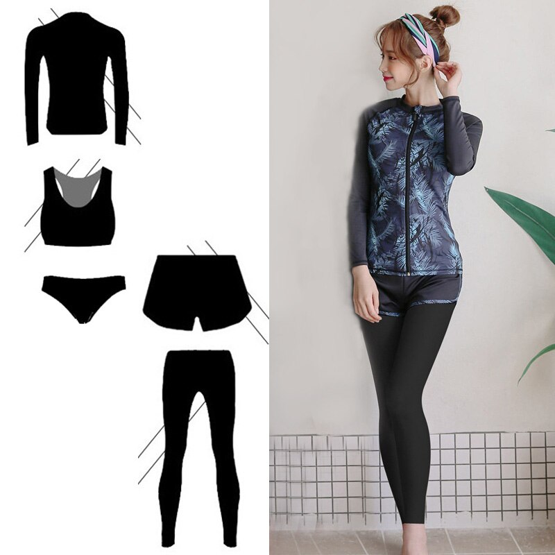 5pcs/set Women&#39;s Swim Zip Shirt / Leggings Full Body Rashguard with Bikini Rashguards Surf Snorkeling Sun Suit Tracksuit Yoga: Women 5pcs set / XL