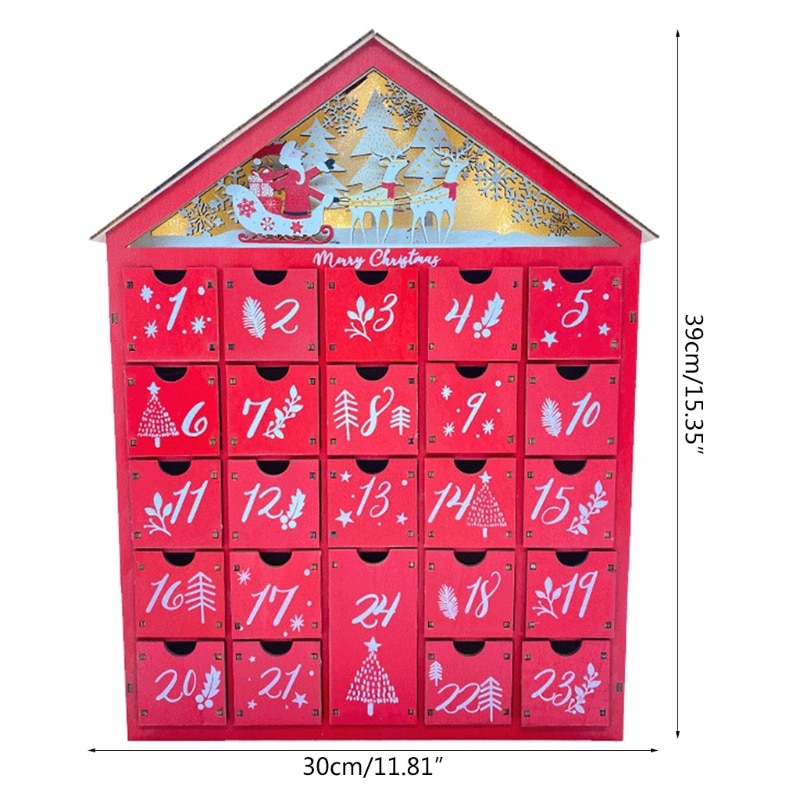 Calendrier de l'avent en bois rouge, maison avec lumière LED 24 tiroirs de rangement, organisateur de bonbons, compte à rebours de noël, P82C