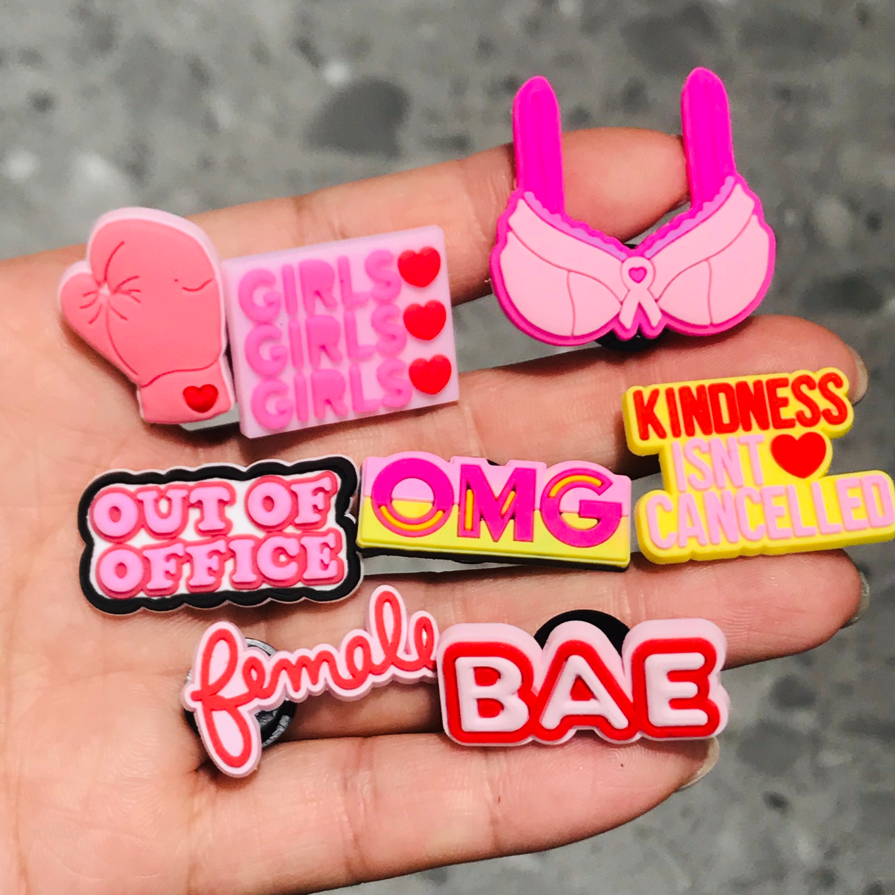 8Pcs Female Pink OMG Letters Out Of Office PVC Croc Jibz Shoe Charms DIY Wristbands Backpack Decoration Accessories Buckle Clog