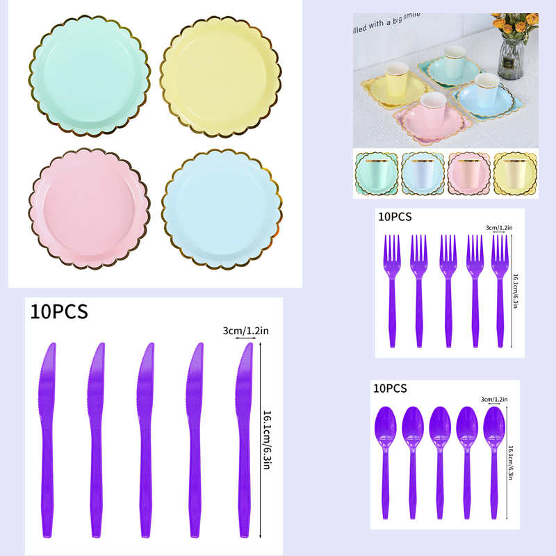 10 stk/sett bursdagsfest engangs servise sett fargerike engangs papirskåler kopp tallerken babyshower bursdagsdekorasjon