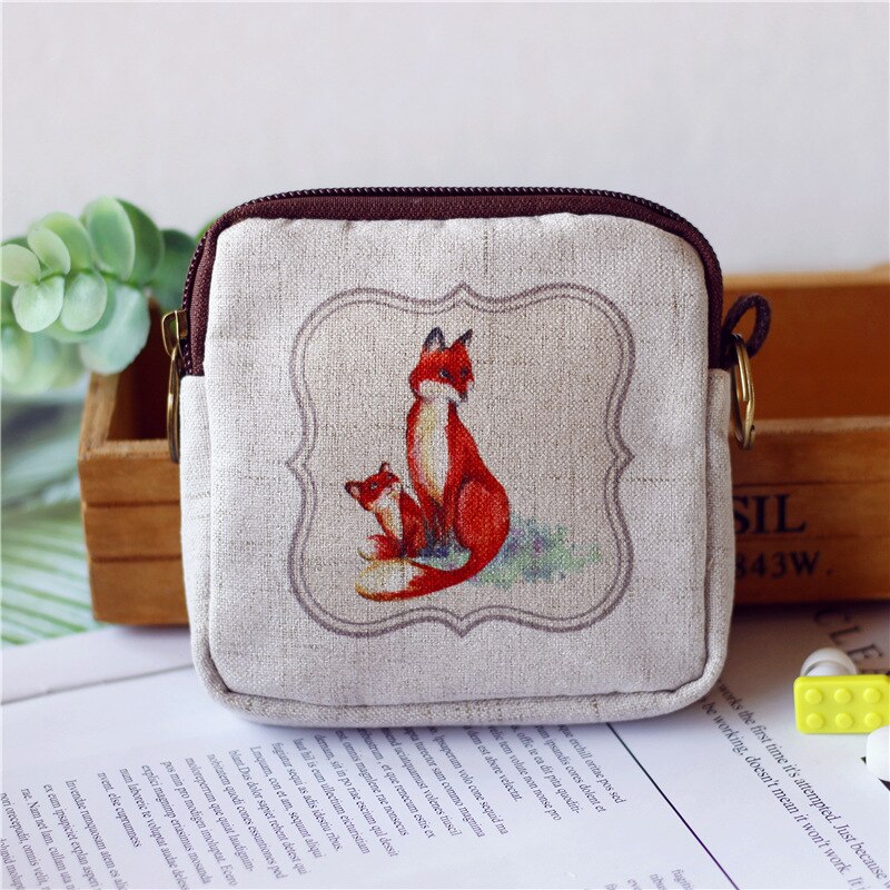 M022 Cartoon Lovely Fox Cat Printed Canvas Zipper Bag Geometric Square Multi-function Zero Wallet Women Student