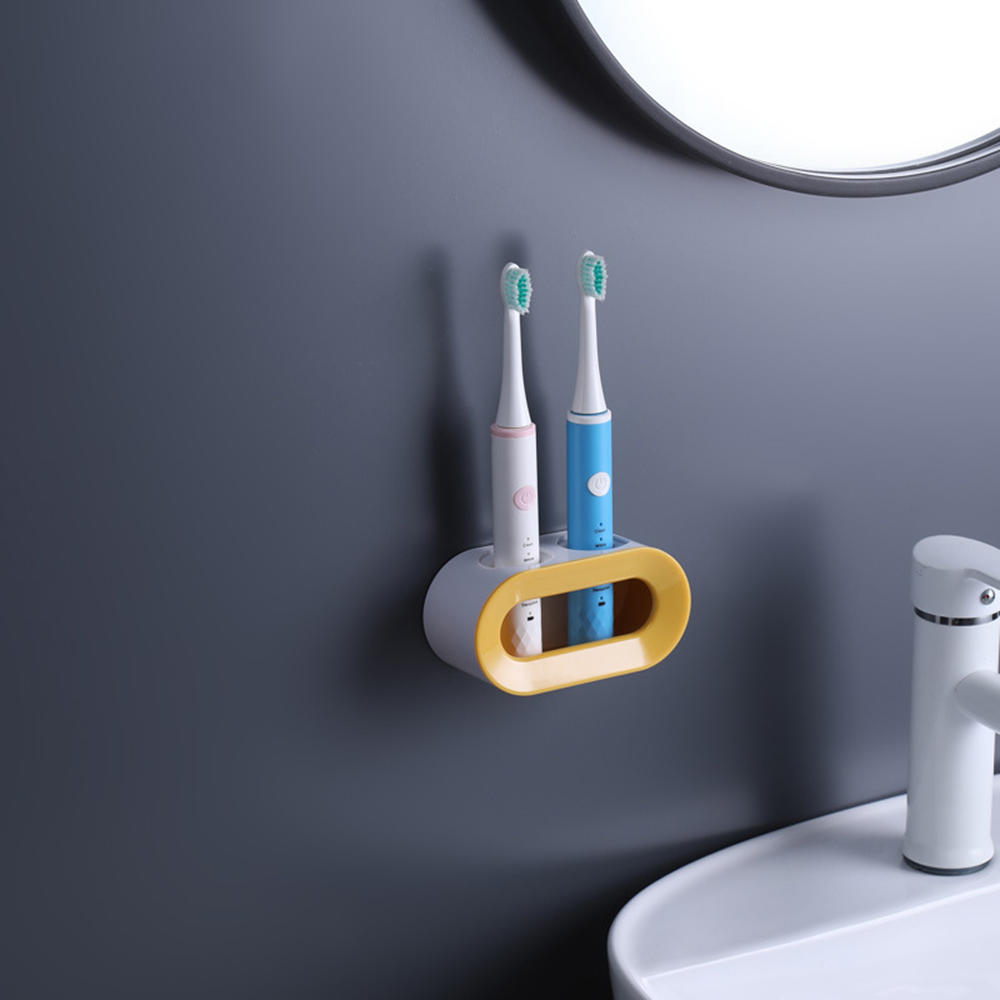 Estante de cepillo de dientes eléctrico de doble orificio para el hogar, estante de almacenamiento de cepillos de dientes sin perforación para el baño: Yellow