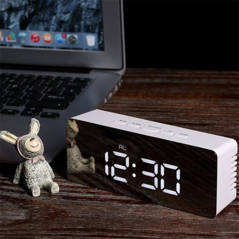LED Digital Display Table Clock Mirror Alarm Clock Multi-function Smart USB Charging Brightness Adjustable Temperature Display