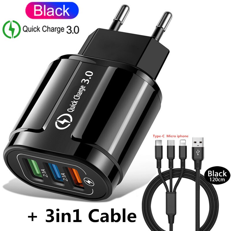 3 Poorten Snelle Usb Charger Cable Telefoon Snellader 3.0 5V 3A Eu/Us Plug Wall Charger Voor samsung Apple Iphone Sony Xiaomi Huawei: EU 3in1 Cable  Black