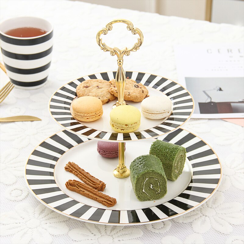 2 tier Cake Plate Stand Black and White Check Porcelain Snack Plate Fruit Holder Classic Ceramic Kitchen Dish For Party Wedding