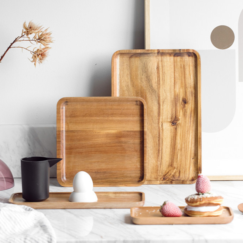 Bandeja de madera de bambú para servir fruta, postre, pastel, aperitivos, plato rectangular para dulces, bandeja de almacenamiento de alimentos, accesorios de cocina para el hogar
