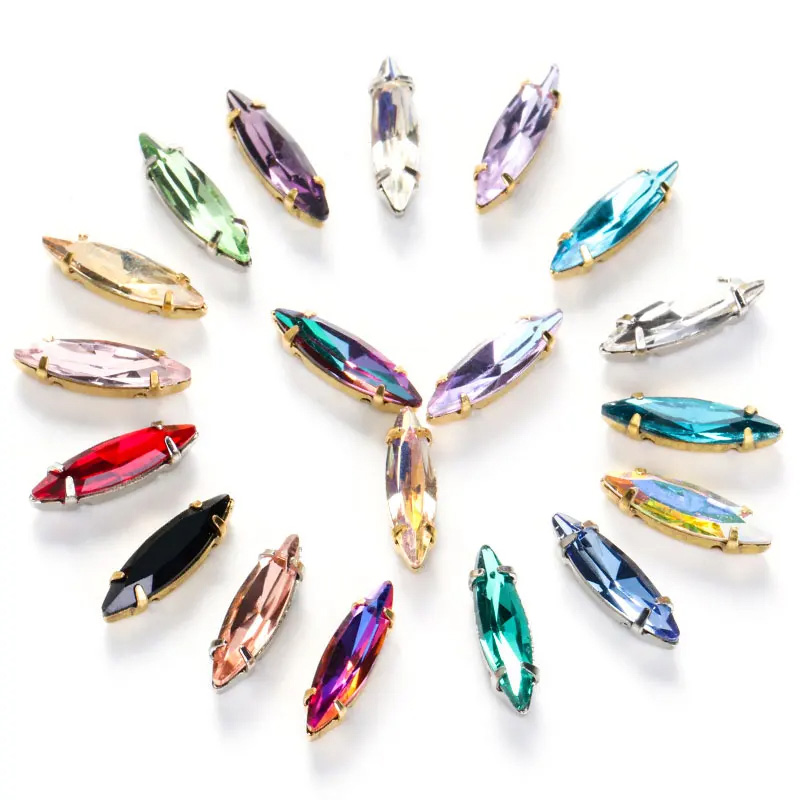Paardenoogvormige strass steentjes met koperen klauwen om op kleding en tassen te naaien, koperen strass steentjes, kristalsteentjes set: 4 x 15mm zilver 10 stuks / Willekeurige mix