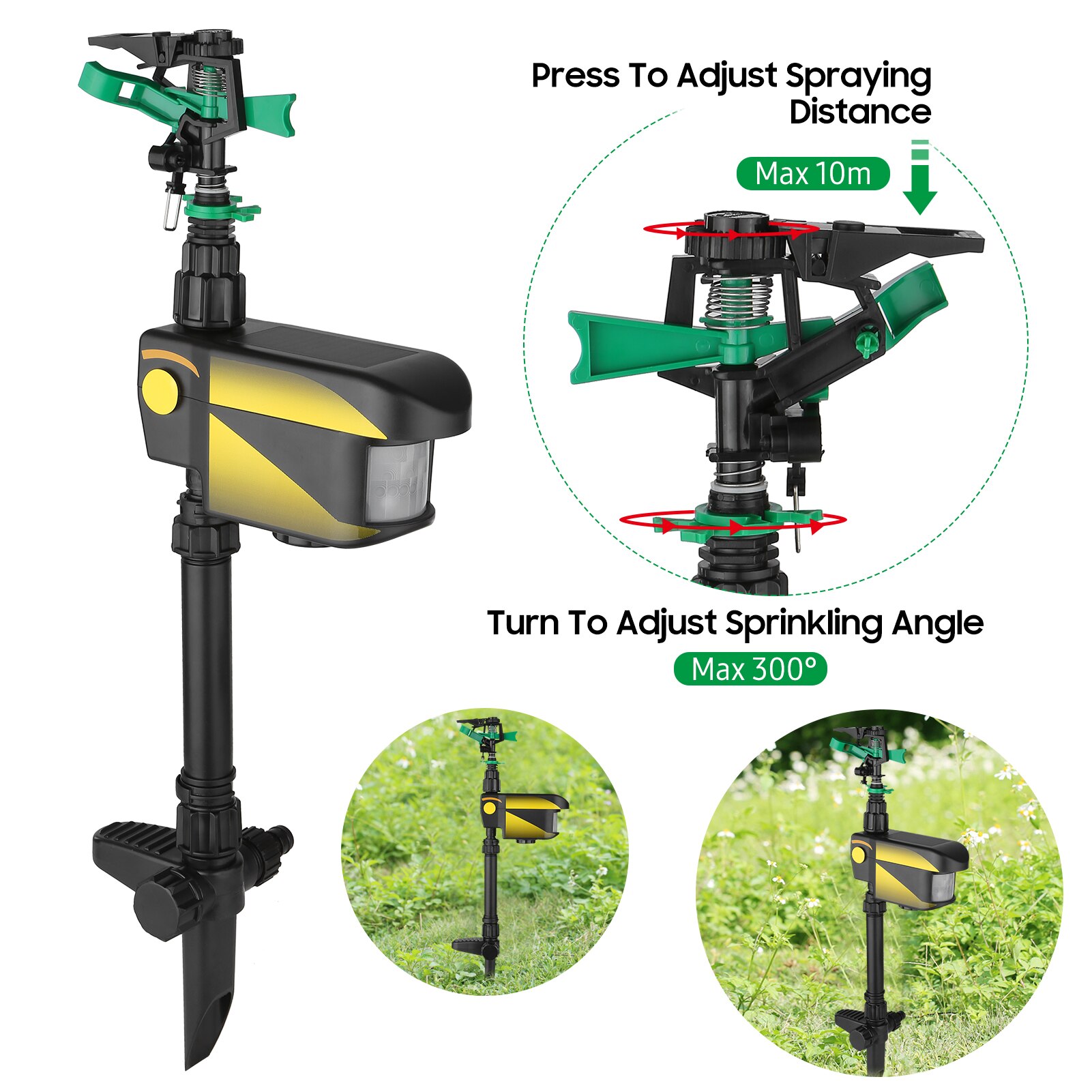 Solar Power Motion-Activated Animal Repeller Yard Enforcer Motion-Activated Sprinkler with 3 Time Modes Adjustable Spray Angle