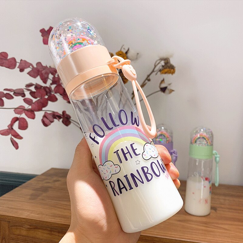 Botella de agua de plástico de color arcoíris con dibujos de unicornios, divertido, creativa, taza de agua para niños, a prueba de gotas