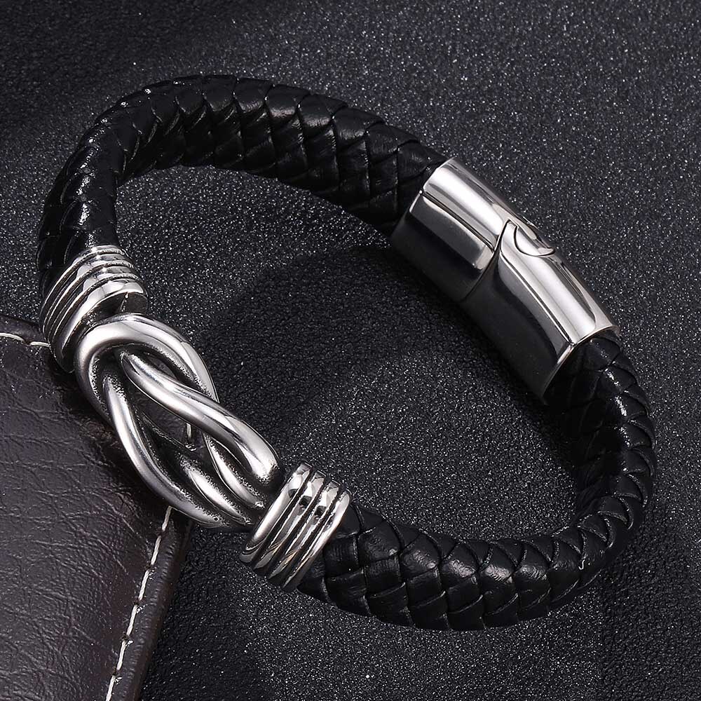 FORTAFY Leather Bracelets for Men Black Braided Bracelet Stainless Steel Clasp Wristband Male Jewelry FRPW803: Inner Perimeter205mm