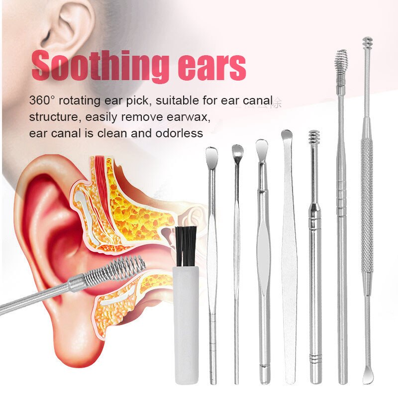 Newly Earwax Removal Cleaner Tool Kit 8-Piece Earplug Kit with Storage Box Stainless Steel Spiral Ear Curette Set 19ing