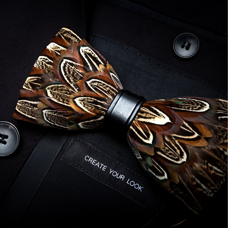 Ricnais – nœud papillon en cuir et plume pour homme, fait à la main, avec boîte , accessoires pour fête de mariage