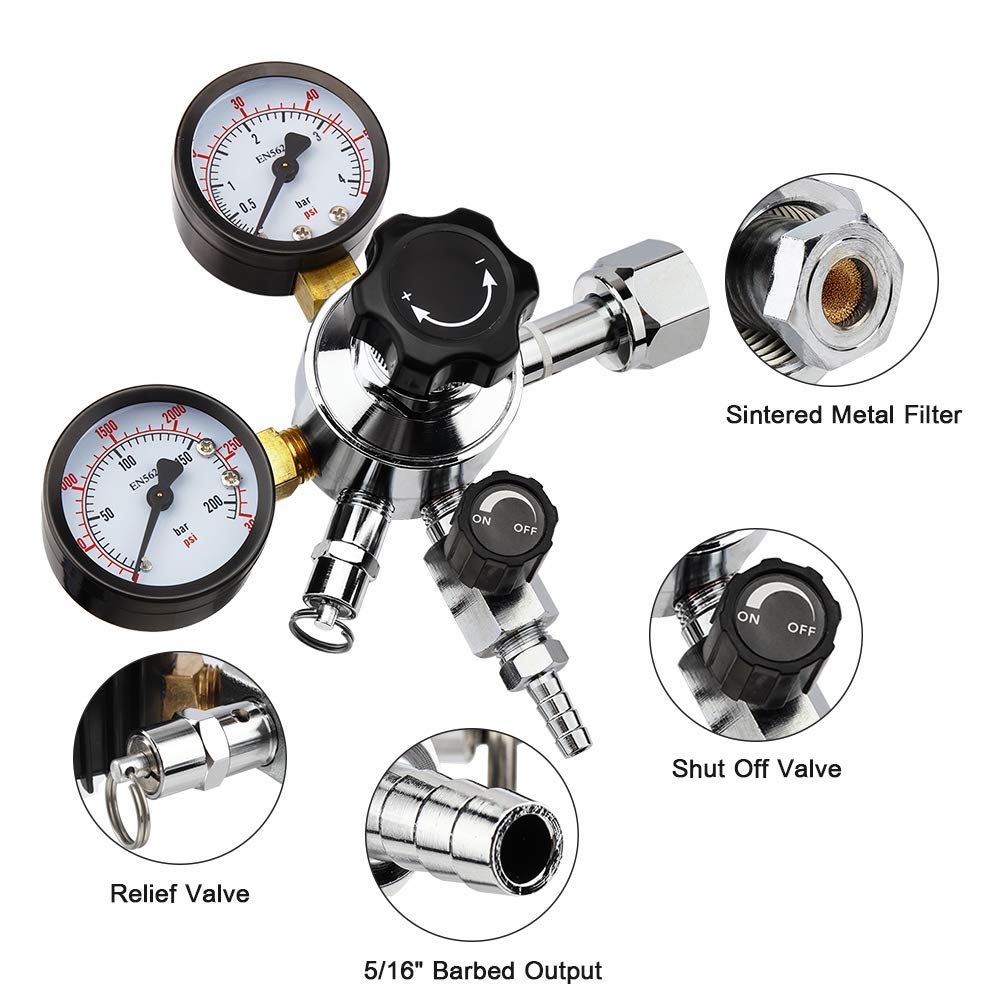CGA320 Dual Gauge CO2 Gas Regulator for Homebrew Soda Draft Beer Kegging Set, with 5/16'' Barbed Shuttoff Valve ,Gas 0-3000PSI