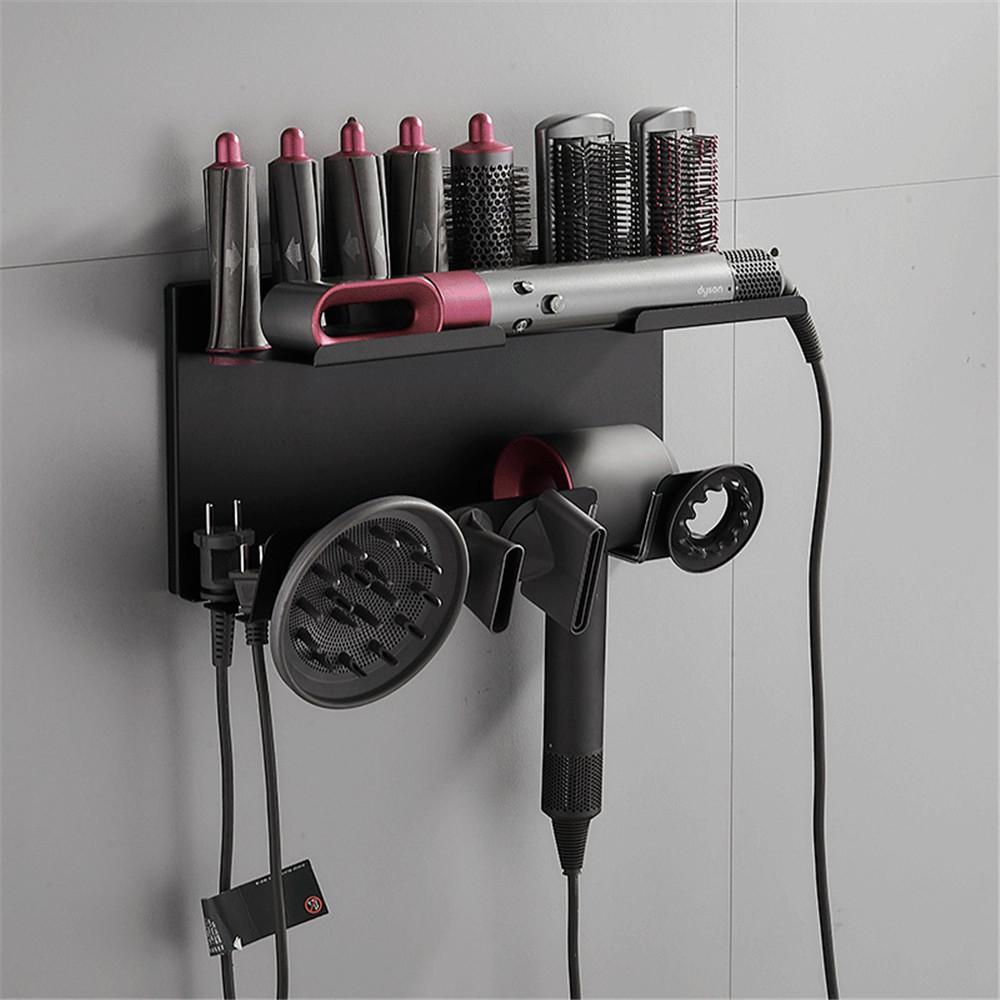Hair Dryer Rack Black Stainless Steel Wall Mount Storage Rack Bathroom Waterproof Accessories Holder Organizer Home Decoration