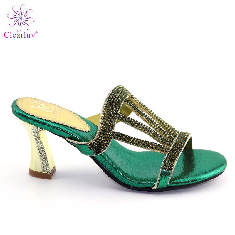 Zilveren Kristal Schoenen Slipper Pu Leer Met Strass Afrikaanse Vrouwen Mode Schoenen Zonder Tas Set Mooi Schoenen Voor Party