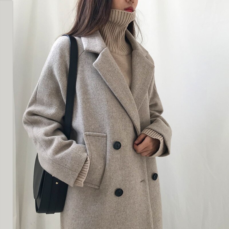 Koreaanse winterwoljas voor dames, grijze jassen met lange mouwen en jassen voor dames, wollen trenchcoat voor dames, plus size xxl