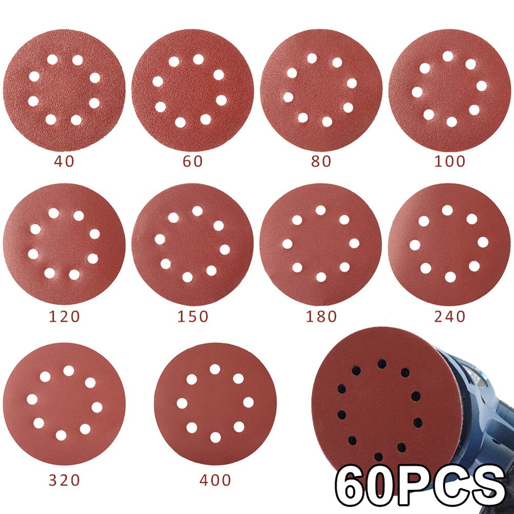60pcs 5" 125mm Round Sandpaper Eight 8 Holes Sand Sheets Hook Loop 40/60/80/100/120/150/180/240/320/400 Grits For Rough Grinding
