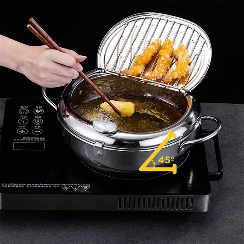 Tempura-Olla de acero inoxidable para freír, escurridor de aceite, termómetro, estilo japonés, 20/24cm