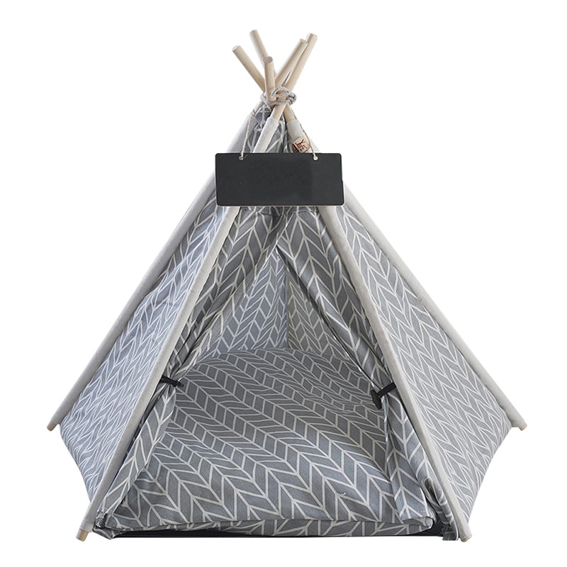 Kæledyr kat hund tipi med pude og tavle, bærbare hundetelte og kæledyrshuse, trælærred tipi fold kæledyr telt små dyr seng: Grå / 5-- sidet