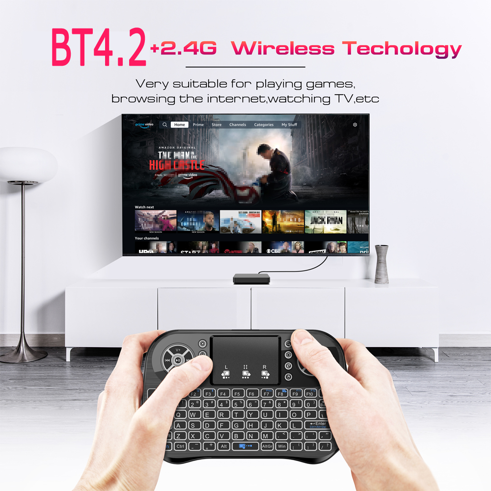 Trådløst bluetooth mini-tastatur 2.4g dobbelttilstand baggrundsbelyst engelsk russisk fransk spansk portugal til android tv-boks pc-projektor