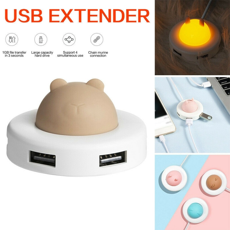 Mini Cute USB Night Light Hub Portable Atmosphere Night Light Hub Extender 4 Port USB Splitter Cable Cartoon