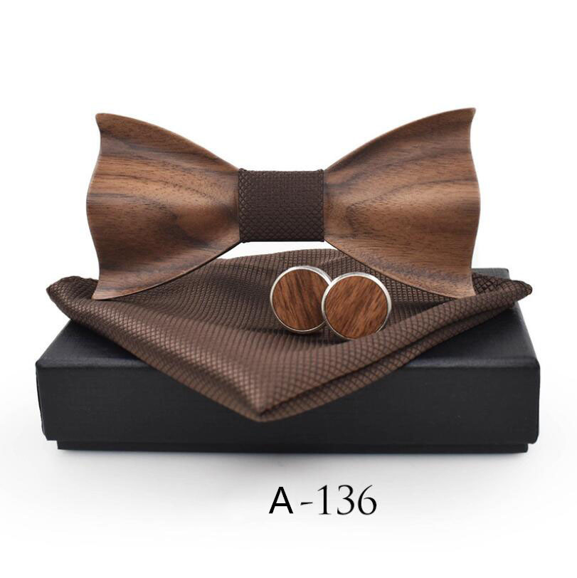 RBOCOTT pajarita de madera hecha a mano juego de gemelos y pañuelo pajarita 3D para hombres bolsillo de madera cuadrado con caja de para la boda de los hombres: A136