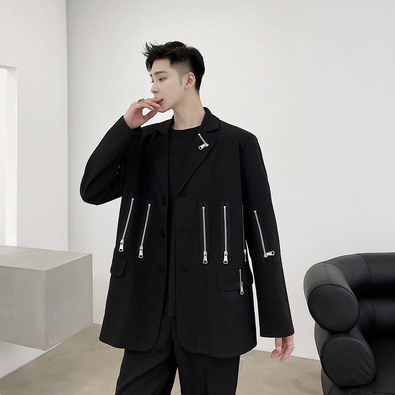 Men Zipper Streetwear Hip Hop Casual Suit Blazers Jacket Male Women Couple Show Suit Coat Outerwear