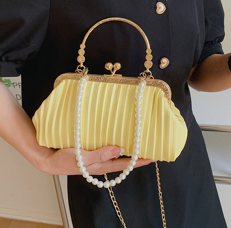 Fold Stripe Shell Bags For Woman Niche Clip Solid Pu Leather Shoulder Bag Pearls Chains Versatile Evening Handbag