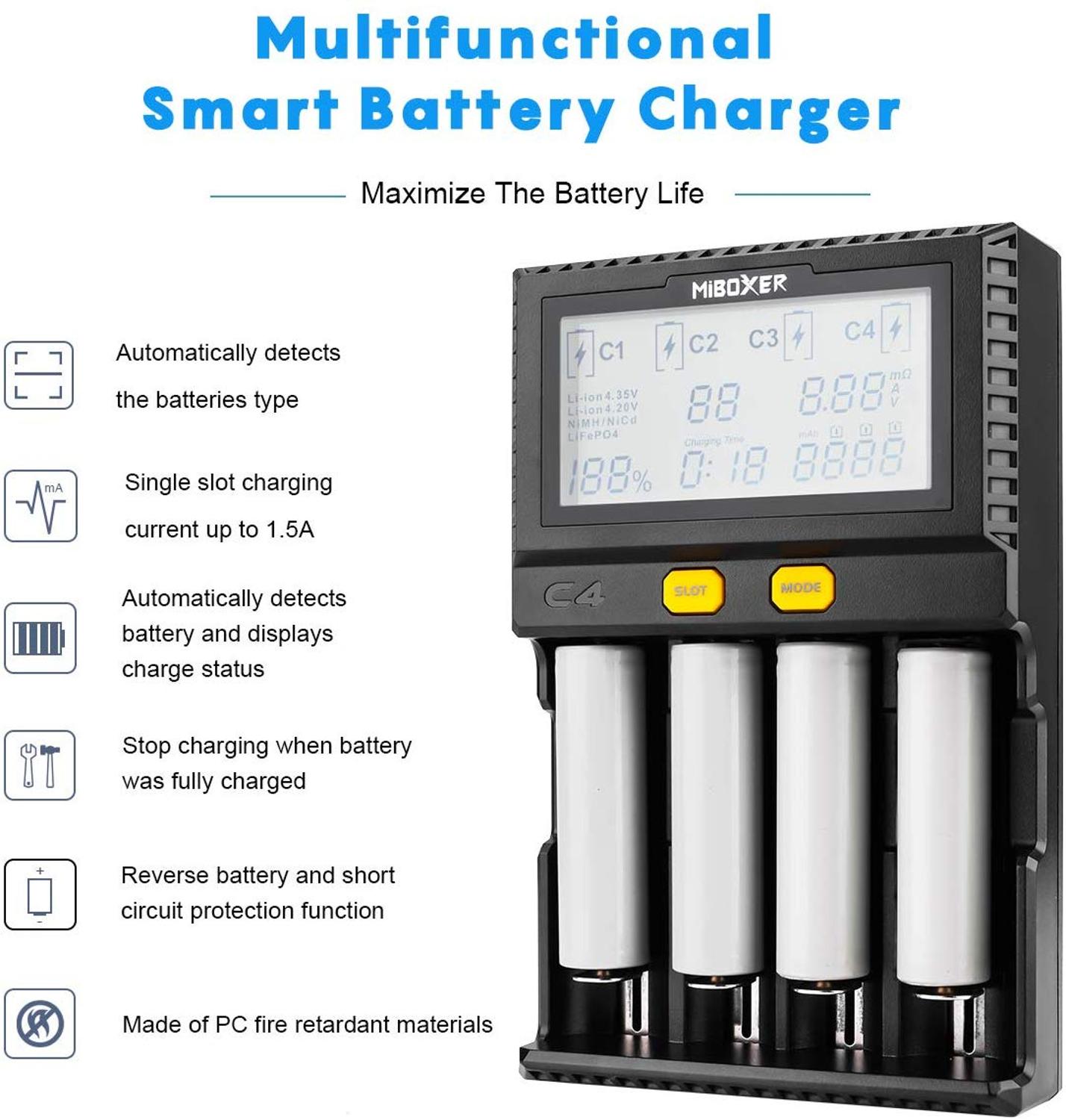 Miboxer C4 LCD Clever Batterie Ladegerät für Li-Ion IMR ICR LiFePO4 18650 14500 26650 21700 AAA Batterien 100-800mAh 1.5A entladung