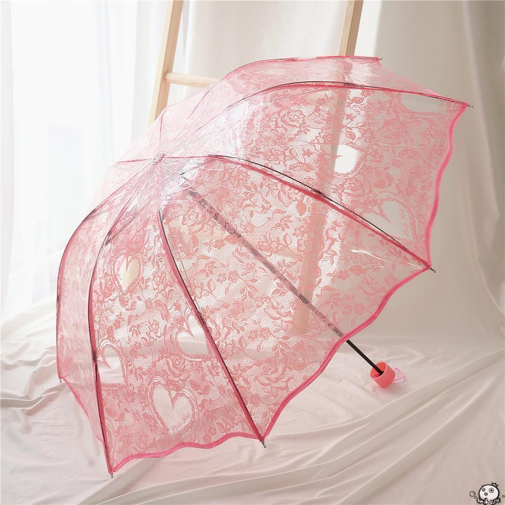 Parapluie de princesse Transparent en dentelle, épais, trois plis, romantique, imprimé coeur rouge, en PVC, pour les amoureux des filles, directe: Rose