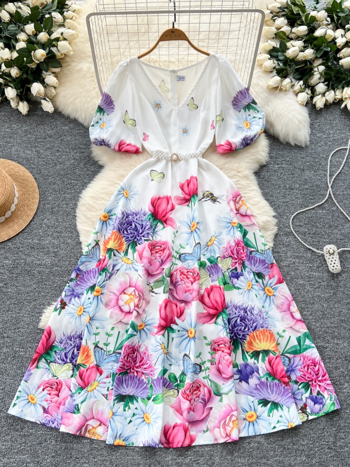 Blomsterprint lange kjoler kvinder sommer korte ærmer perlebælte blomster prinsesse festkjole midi kåbe