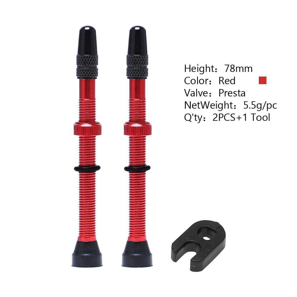 2 Pcs/set Bike Tire Air Valve Bike Tubeless Wheel Valve Kit Copper Core Alloy Stem Rubber Base: Red 78mm