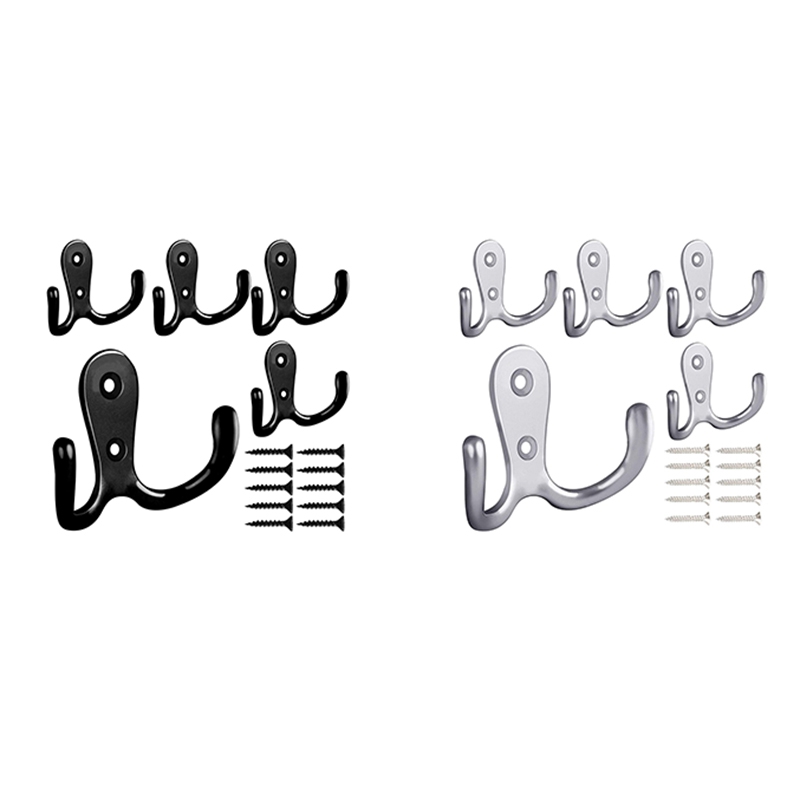 Double Prong Robe Hook With Screws, Dual Coat Hooks Wall Mounted Hanging Clothes For Bathroom Bedroom Door Wall
