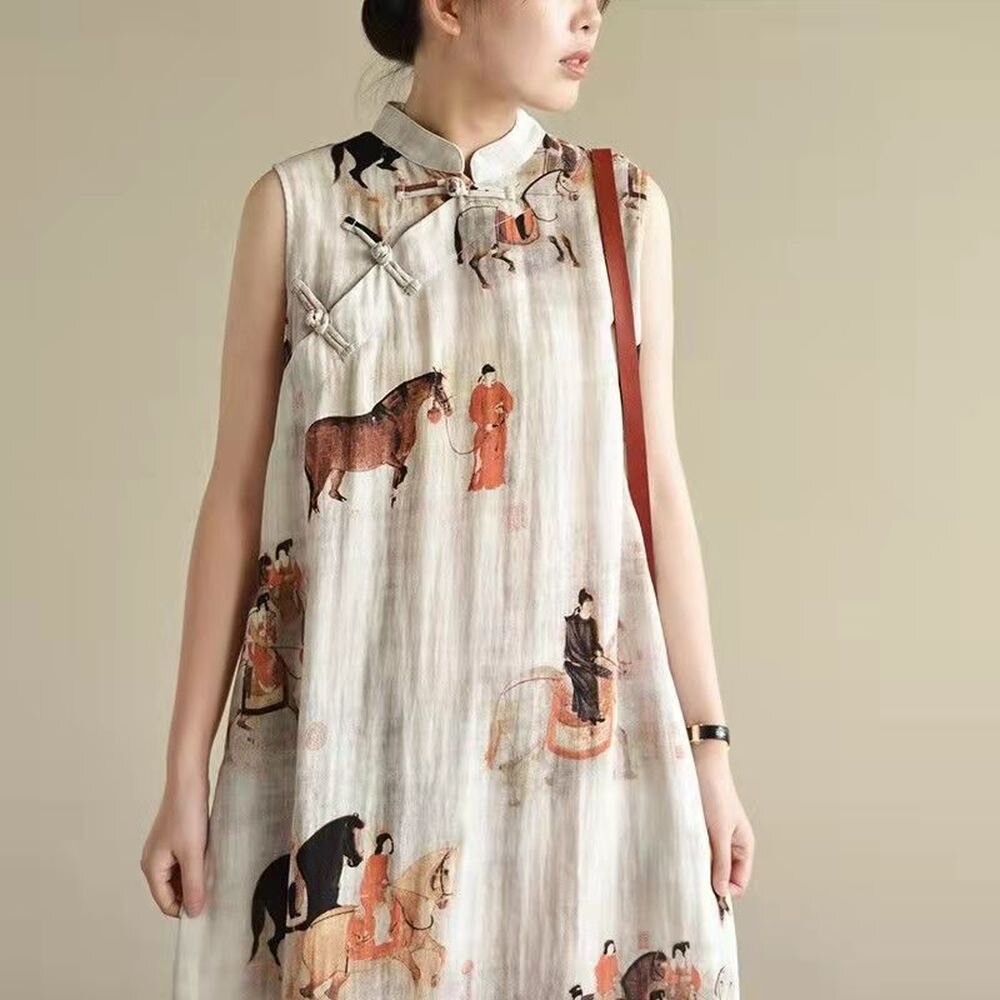 2022 Loose Chinese Dress Sleeveless Chinese Women Cheongsam Dress Linen Qipao Chinese Traditional Dress Long Dress Qipao