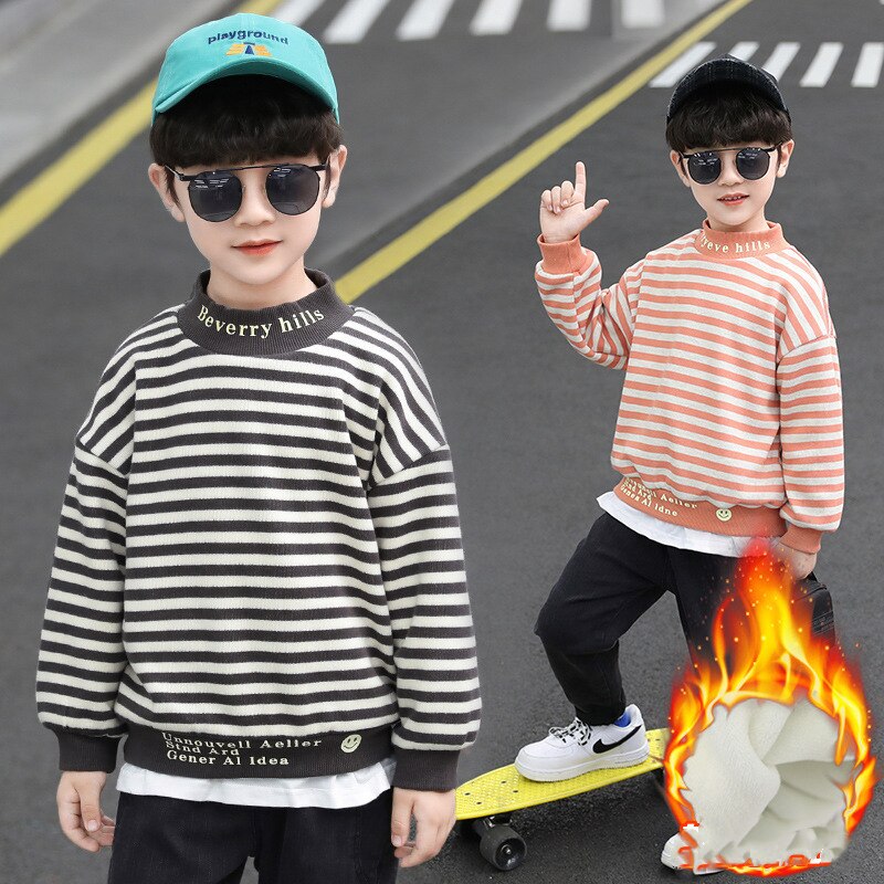 Sudaderas con capucha de algodón y forro polar para niños, ropa de abrigo a rayas, de terciopelo grueso, para invierno y otoño,